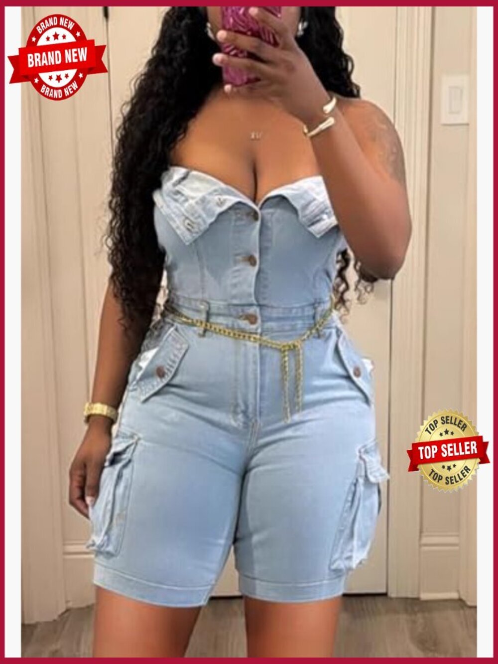 Strapless Denim Romper Sexy Sleeveless Cargo Shorts Jumpsuit - Picture 3 of 7